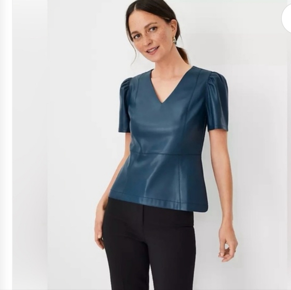 Ann Taylor Blue Faux Leather V-Neck Women's Top